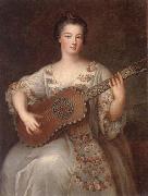 unknow artist Portrait of a young lady,three-quarter length,wearing a floral and ivory lace-trimmed dress,playing the guitar china oil painting reproduction